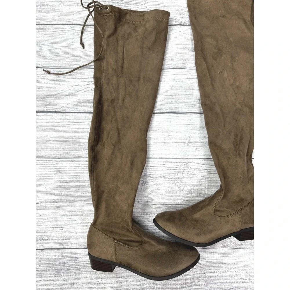 Womens Taupe Faux Suede Over The Knee OTK Boots Low Block Heel Back Tie Sz 8.5